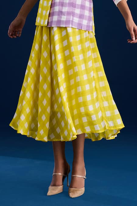 Aapro_Yellow Velvet Checkered Blazer And Printed Dress Set _Online_at_Aza_Fashions