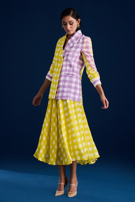Buy_Aapro_Yellow Velvet Checkered Blazer And Printed Dress Set _Online_at_Aza_Fashions