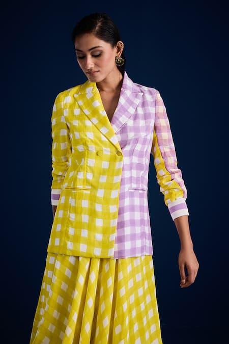 Shop_Aapro_Yellow Velvet Checkered Blazer And Printed Dress Set _Online_at_Aza_Fashions