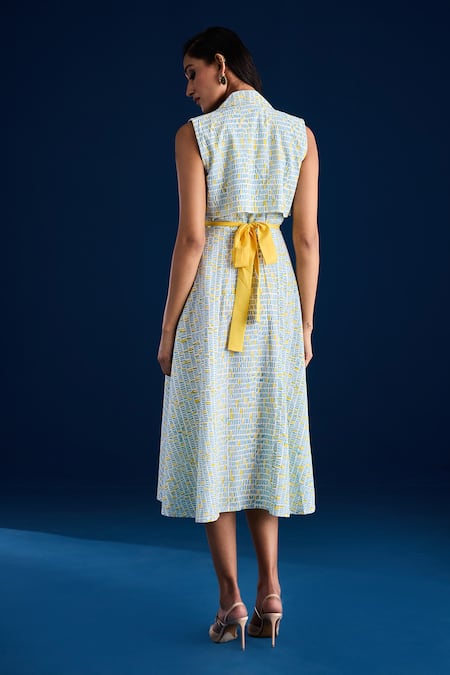 Shop Aapro Blue Cotton Bows Collared Double Breasted Checkered Midi Dress at Aza Fashions Shop_Aapro_Blue Cotton Bows Collared Double Breasted Checkered Midi Dress _at_Aza_Fashions