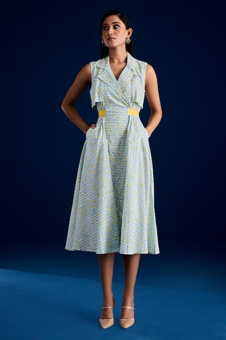 Aapro Blue Cotton Bows Collared Double Breasted Checkered Midi Dress Online at Aza Fashions Aapro_Blue Cotton Bows Collared Double Breasted Checkered Midi Dress _Online_at_Aza_Fashions