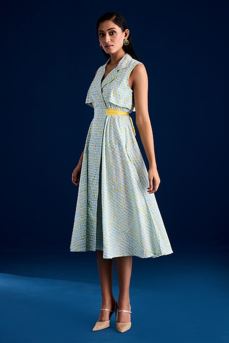 Buy Aapro Blue Cotton Bows Collared Double Breasted Checkered Midi Dress Online at Aza Fashions Buy_Aapro_Blue Cotton Bows Collared Double Breasted Checkered Midi Dress _Online_at_Aza_Fashions