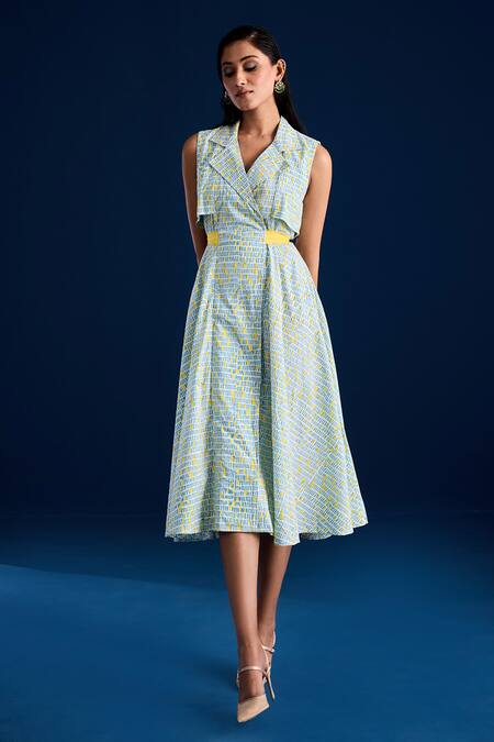 Shop Aapro Blue Cotton Bows Collared Double Breasted Checkered Midi Dress Online at Aza Fashions Shop_Aapro_Blue Cotton Bows Collared Double Breasted Checkered Midi Dress _Online_at_Aza_Fashions
