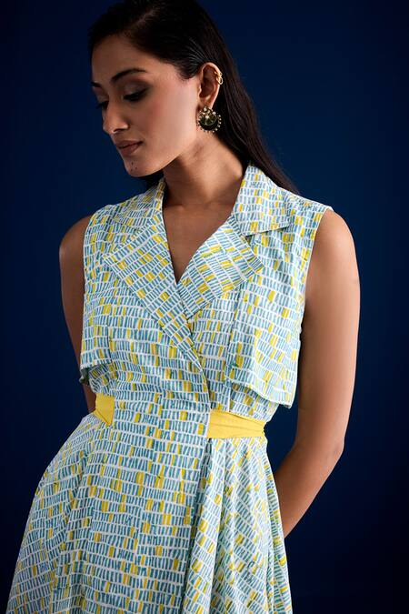 Aapro Blue Cotton Bows Collared Double Breasted Checkered Midi Dress at Aza Fashions Aapro_Blue Cotton Bows Collared Double Breasted Checkered Midi Dress _at_Aza_Fashions