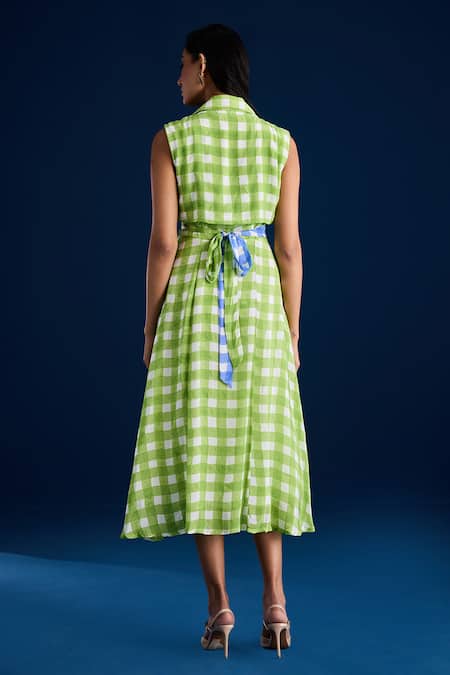 Shop Aapro Multi Color Velvet Collared Checkered Midi Dress With Crochet Flowers at Aza Fashions Shop_Aapro_Multi Color Velvet Collared Checkered Midi Dress With Crochet Flowers _at_Aza_Fashions