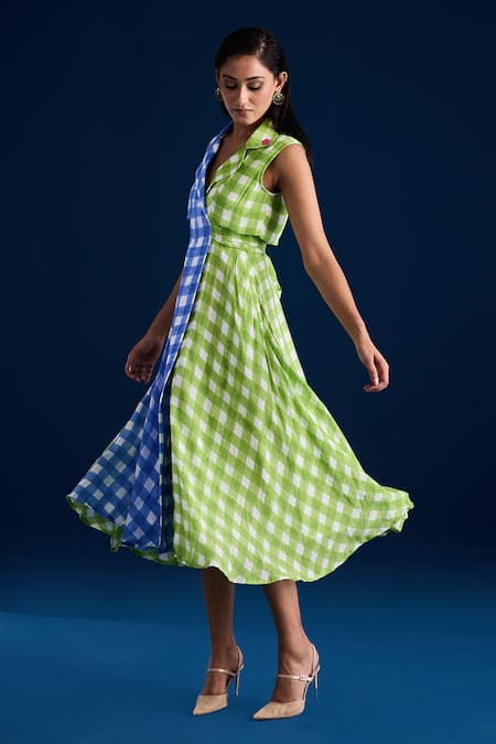 Buy Aapro Multi Color Velvet Collared Checkered Midi Dress With Crochet Flowers Online at Aza Fashions Buy_Aapro_Multi Color Velvet Collared Checkered Midi Dress With Crochet Flowers _Online_at_Aza_Fashions