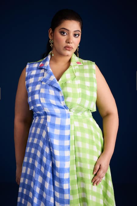 Shop Aapro Multi Color Velvet Collared Checkered Midi Dress With Crochet Flowers Online at Aza Fashions Shop_Aapro_Multi Color Velvet Collared Checkered Midi Dress With Crochet Flowers _Online_at_Aza_Fashions