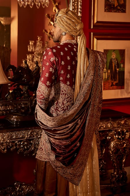Angad Creations Maroon Gul Embroidered Sherwani Set 