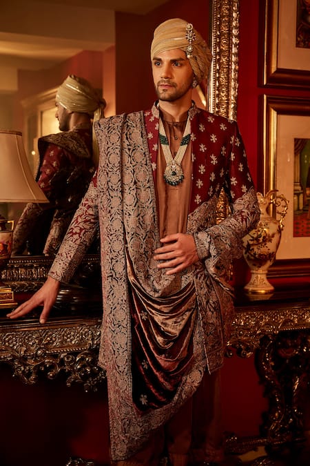 Angad Creations Maroon Silk, Velvet, Satin, Embroidery Gul Sherwani Set Online at Aza Fashions Angad Creations_Maroon Silk, Velvet, Satin, Embroidery Gul Sherwani Set _Online_at_Aza_Fashions