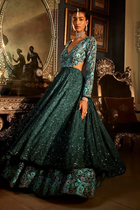 Shop Angad Creations Blue Georgette Cut Work, Sequins, Embroidery V-neck Teal Backless Gown Online at Aza Fashions Shop_Angad Creations_Blue Georgette Cut Work, Sequins, Embroidery V-neck Teal Backless Gown _Online_at_Aza_Fashions