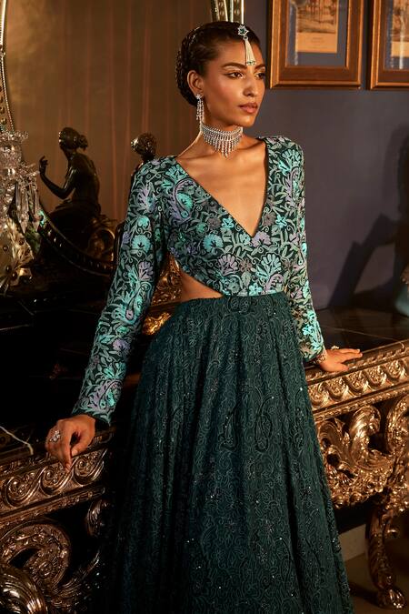 Angad Creations Blue Georgette Cut Work, Sequins, Embroidery V-neck Teal Backless Gown at Aza Fashions Angad Creations_Blue Georgette Cut Work, Sequins, Embroidery V-neck Teal Backless Gown _at_Aza_Fashions