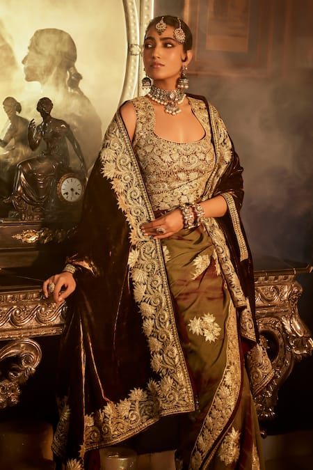 Buy Angad Creations Wine Silk, Velvet, Georgette, Organza Embroidery And Olive Green Tilla Saree Set Online at Aza Fashions Buy_Angad Creations_Wine Silk, Velvet, Georgette, Organza Embroidery And Olive Green Tilla Saree Set _Online_at_Aza_Fashions