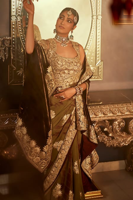 Shop Angad Creations Wine Silk, Velvet, Georgette, Organza Embroidery And Olive Green Tilla Saree Set Online at Aza Fashions Shop_Angad Creations_Wine Silk, Velvet, Georgette, Organza Embroidery And Olive Green Tilla Saree Set _Online_at_Aza_Fashions