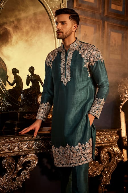 Shop Angad Creations Blue Silk Embroidery Bahar Kurta Set at Aza Fashions Shop_Angad Creations_Blue Silk Embroidery Bahar Kurta Set _at_Aza_Fashions