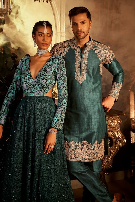Angad Creations Blue Silk Embroidery Bahar Kurta Set Online at Aza Fashions Angad Creations_Blue Silk Embroidery Bahar Kurta Set _Online_at_Aza_Fashions