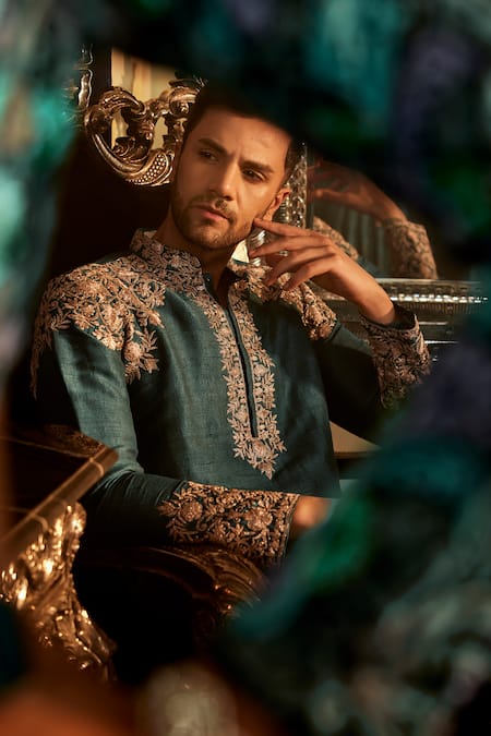 Buy Angad Creations Blue Silk Embroidery Bahar Kurta Set Online at Aza Fashions Buy_Angad Creations_Blue Silk Embroidery Bahar Kurta Set _Online_at_Aza_Fashions