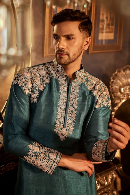 Shop Angad Creations Blue Silk Embroidery Bahar Kurta Set Online at Aza Fashions Shop_Angad Creations_Blue Silk Embroidery Bahar Kurta Set _Online_at_Aza_Fashions