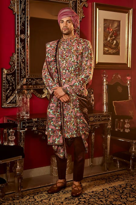 Angad Creations_Wine Silk, Velvet Sequins, Cut Paisley Majesty Tilla Embroidered Sherwani Set _Online_at_Aza_Fashions