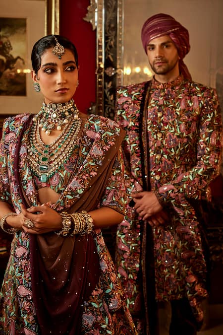 Buy_Angad Creations_Wine Silk, Velvet Sequins, Cut Paisley Majesty Tilla Embroidered Sherwani Set _Online_at_Aza_Fashions