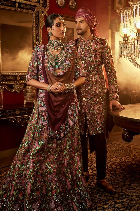 Angad Creations Beige Georgette, Silk Sequins, Embroidery V-neck Paisley Bridal Lehenga Set at Aza Fashions Angad Creations_Beige Georgette, Silk Sequins, Embroidery V-neck Paisley Bridal Lehenga Set _at_Aza_Fashions