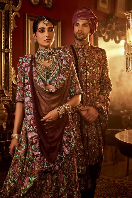 Buy Angad Creations Beige Georgette, Silk Sequins, Embroidery V-neck Paisley Bridal Lehenga Set Buy_Angad Creations_Beige Georgette, Silk Sequins, Embroidery V-neck Paisley Bridal Lehenga Set