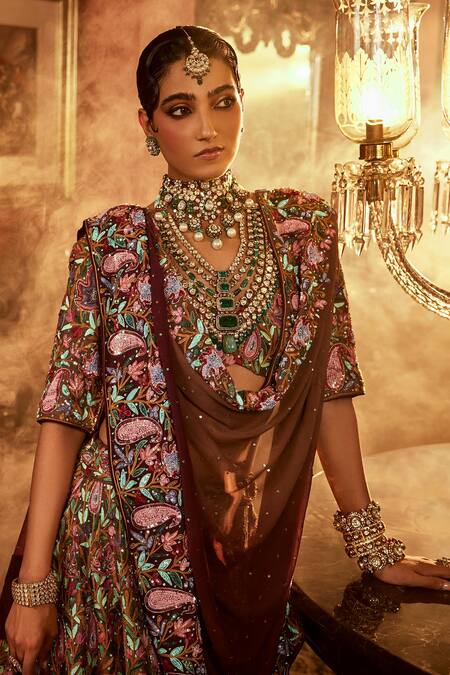 Shop Angad Creations Beige Georgette, Silk Sequins, Embroidery V-neck Paisley Bridal Lehenga Set Shop_Angad Creations_Beige Georgette, Silk Sequins, Embroidery V-neck Paisley Bridal Lehenga Set