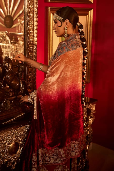 Angad Creations Maroon Silk, Velvet Embroidery, Tassels Halter Gul Border Cape And Sharara Set Online at Aza Fashions Angad Creations_Maroon Silk, Velvet Embroidery, Tassels Halter Gul Border Cape And Sharara Set _Online_at_Aza_Fashions