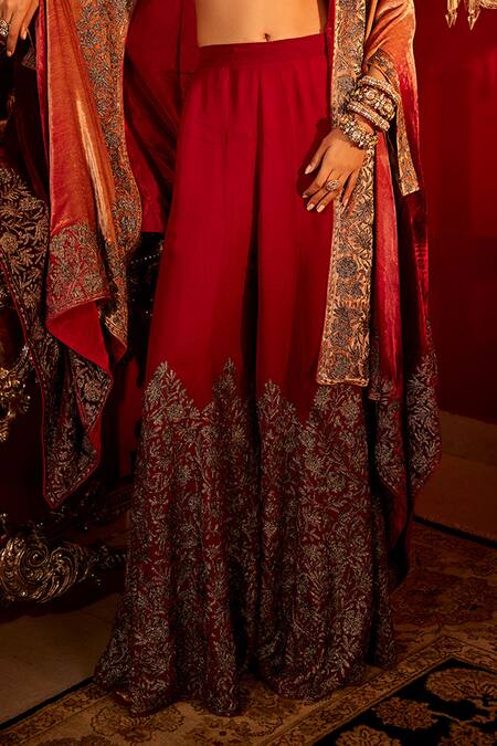 Buy Angad Creations Maroon Silk, Velvet Embroidery, Tassels Halter Gul Border Cape And Sharara Set Online at Aza Fashions Buy_Angad Creations_Maroon Silk, Velvet Embroidery, Tassels Halter Gul Border Cape And Sharara Set _Online_at_Aza_Fashions