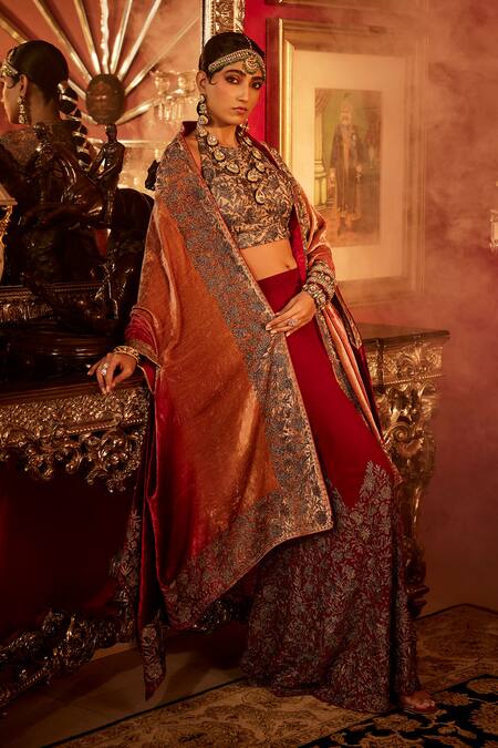 Shop Angad Creations Maroon Silk, Velvet Embroidery, Tassels Halter Gul Border Cape And Sharara Set Online at Aza Fashions Shop_Angad Creations_Maroon Silk, Velvet Embroidery, Tassels Halter Gul Border Cape And Sharara Set _Online_at_Aza_Fashions