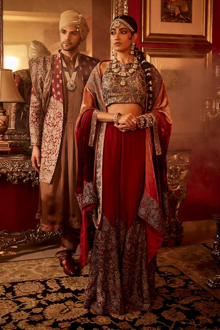 Buy Angad Creations Maroon Silk, Velvet Embroidery, Tassels Halter Gul Border Cape And Sharara Set Buy_Angad Creations_Maroon Silk, Velvet Embroidery, Tassels Halter Gul Border Cape And Sharara Set