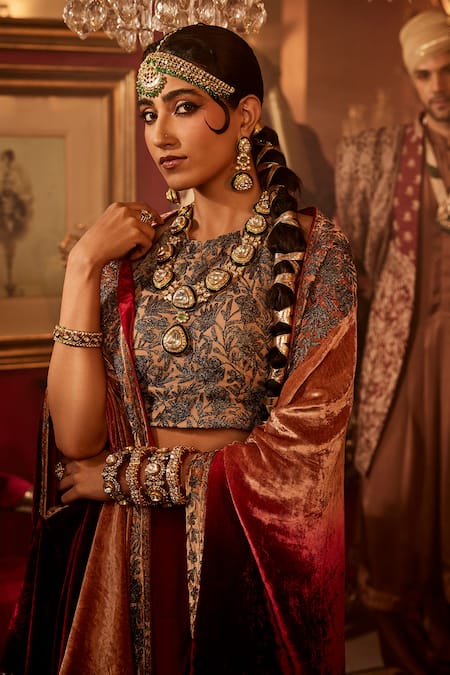Shop Angad Creations Maroon Silk, Velvet Embroidery, Tassels Halter Gul Border Cape And Sharara Set Shop_Angad Creations_Maroon Silk, Velvet Embroidery, Tassels Halter Gul Border Cape And Sharara Set