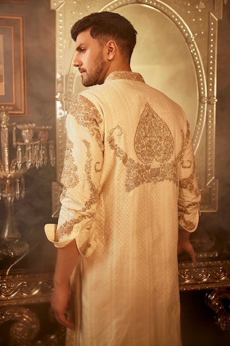 Shop Angad Creations Cream Chanderi Cotton, Crepe Bahar Tilla Embroidered Kurta Set at Aza Fashions Shop_Angad Creations_Cream Chanderi Cotton, Crepe Bahar Tilla Embroidered Kurta Set _at_Aza_Fashions