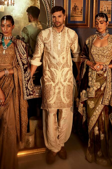 Angad Creations Cream Chanderi Cotton, Crepe Bahar Tilla Embroidered Kurta Set Online at Aza Fashions Angad Creations_Cream Chanderi Cotton, Crepe Bahar Tilla Embroidered Kurta Set _Online_at_Aza_Fashions