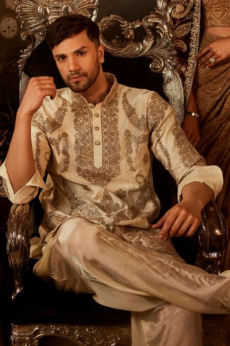 Buy Angad Creations Cream Chanderi Cotton, Crepe Bahar Tilla Embroidered Kurta Set Online at Aza Fashions Buy_Angad Creations_Cream Chanderi Cotton, Crepe Bahar Tilla Embroidered Kurta Set _Online_at_Aza_Fashions