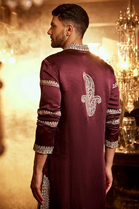 Shop Angad Creations Wine Linen, Satin Embroidery Aari Thread Kurta Set at Aza Fashions Shop_Angad Creations_Wine Linen, Satin Embroidery Aari Thread Kurta Set _at_Aza_Fashions
