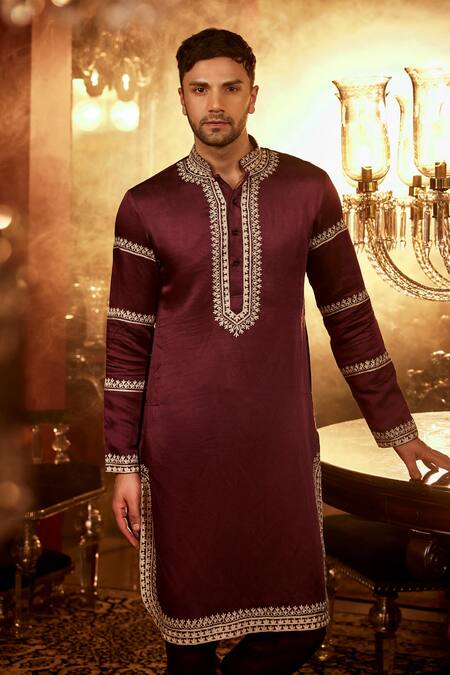 Buy Angad Creations Wine Linen, Satin Embroidery Aari Thread Kurta Set Online at Aza Fashions Buy_Angad Creations_Wine Linen, Satin Embroidery Aari Thread Kurta Set _Online_at_Aza_Fashions