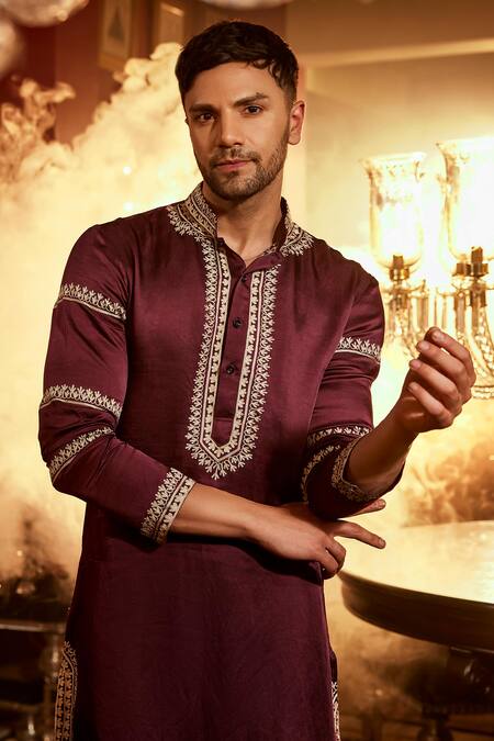 Shop Angad Creations Wine Linen, Satin Embroidery Aari Thread Kurta Set Online at Aza Fashions Shop_Angad Creations_Wine Linen, Satin Embroidery Aari Thread Kurta Set _Online_at_Aza_Fashions