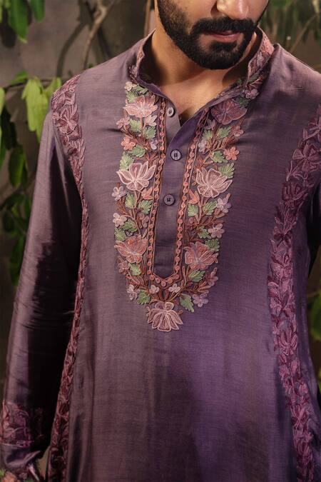 Angad Creations Purple Mohair Embroidery Monga Cotton Kurta Set at Aza Fashions Angad Creations_Purple Mohair Embroidery Monga Cotton Kurta Set _at_Aza_Fashions