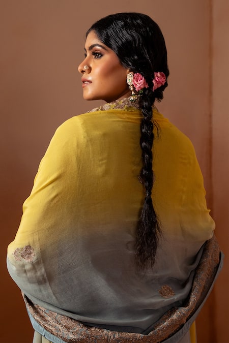 Angad Creations Yellow Cotton, Crepe Embroidery Split V-neck Ombre Floral Kurta Set Online at Aza Fashions Angad Creations_Yellow Cotton, Crepe Embroidery Split V-neck Ombre Floral Kurta Set _Online_at_Aza_Fashions