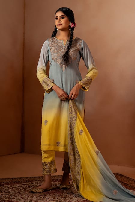 Buy Angad Creations Yellow Cotton, Crepe Embroidery Split V-neck Ombre Floral Kurta Set Online at Aza Fashions Buy_Angad Creations_Yellow Cotton, Crepe Embroidery Split V-neck Ombre Floral Kurta Set _Online_at_Aza_Fashions
