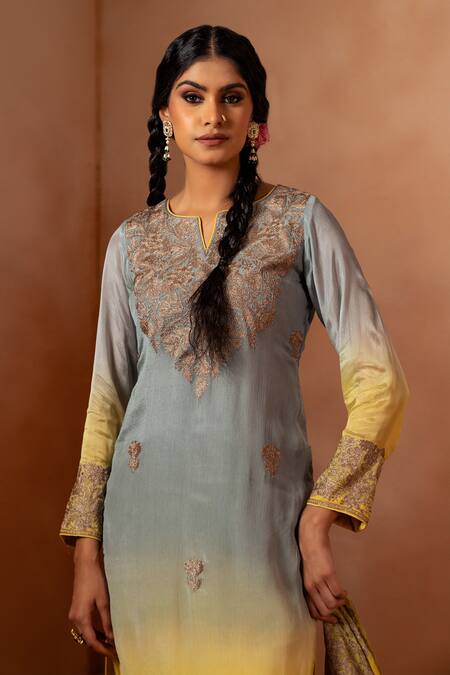 Shop Angad Creations Yellow Cotton, Crepe Embroidery Split V-neck Ombre Floral Kurta Set Online at Aza Fashions Shop_Angad Creations_Yellow Cotton, Crepe Embroidery Split V-neck Ombre Floral Kurta Set _Online_at_Aza_Fashions