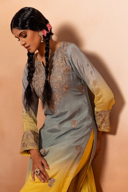 Angad Creations Yellow Cotton, Crepe Embroidery Split V-neck Ombre Floral Kurta Set at Aza Fashions Angad Creations_Yellow Cotton, Crepe Embroidery Split V-neck Ombre Floral Kurta Set _at_Aza_Fashions