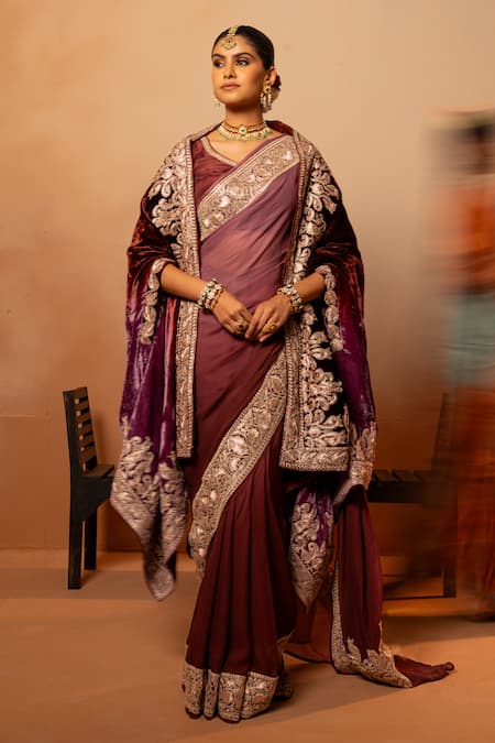 Angad Creations Claret Legacy Tilla Embroidered Ombre Saree Set 