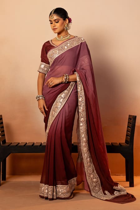 Shop Angad Creations Wine Georgette, Crepe Embroidery Round Neck Ombre Tilla Saree Set at Aza Fashions Shop_Angad Creations_Wine Georgette, Crepe Embroidery Round Neck Ombre Tilla Saree Set _at_Aza_Fashions
