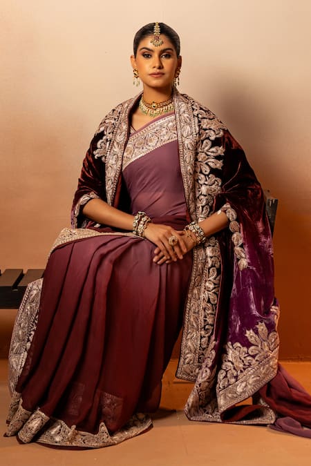 Angad Creations Wine Georgette, Crepe Embroidery Round Neck Ombre Tilla Saree Set Online at Aza Fashions Angad Creations_Wine Georgette, Crepe Embroidery Round Neck Ombre Tilla Saree Set _Online_at_Aza_Fashions