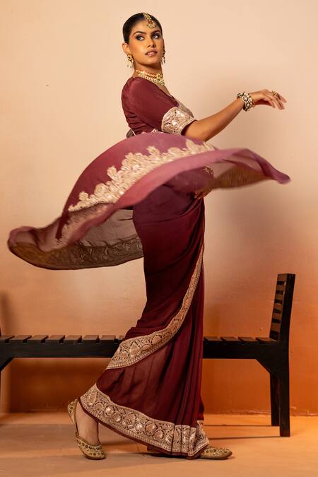 Buy Angad Creations Wine Georgette, Crepe Embroidery Round Neck Ombre Tilla Saree Set Online at Aza Fashions Buy_Angad Creations_Wine Georgette, Crepe Embroidery Round Neck Ombre Tilla Saree Set _Online_at_Aza_Fashions