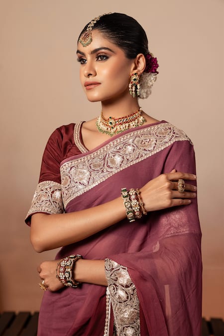 Shop Angad Creations Wine Georgette, Crepe Embroidery Round Neck Ombre Tilla Saree Set Online at Aza Fashions Shop_Angad Creations_Wine Georgette, Crepe Embroidery Round Neck Ombre Tilla Saree Set _Online_at_Aza_Fashions