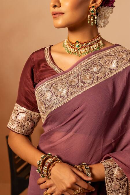 Angad Creations Wine Georgette, Crepe Embroidery Round Neck Ombre Tilla Saree Set at Aza Fashions Angad Creations_Wine Georgette, Crepe Embroidery Round Neck Ombre Tilla Saree Set _at_Aza_Fashions