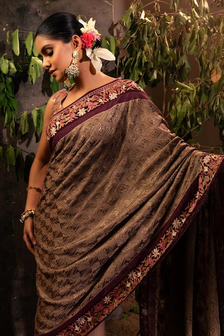 Angad Creations Geometric Embroidered Brown Saree With Blouse 