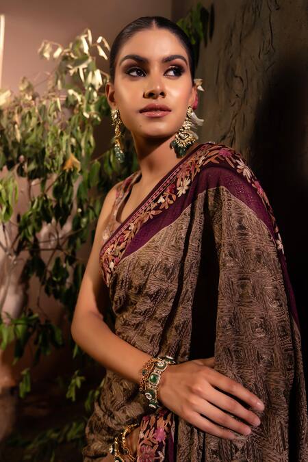 Angad Creations Brown Georgette, Crepe Embroidery, Lace Round Neck Geometric Saree With Blouse Online at Aza Fashions Angad Creations_Brown Georgette, Crepe Embroidery, Lace Round Neck Geometric Saree With Blouse _Online_at_Aza_Fashions